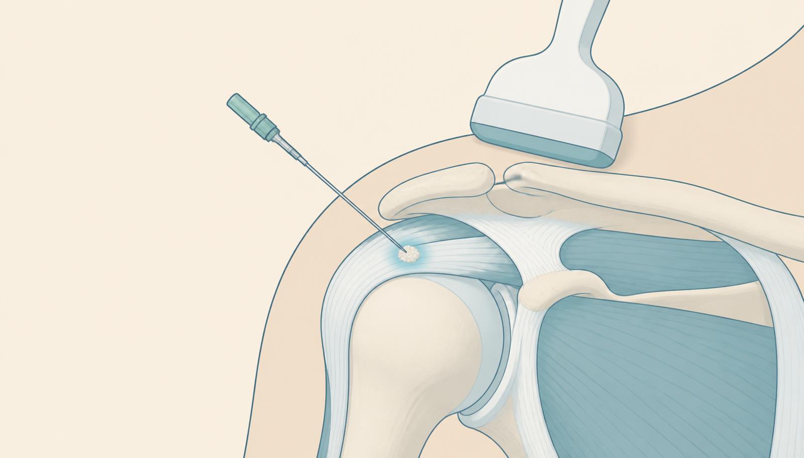 Illustration of the shoulder with tendon calcification, ultrasound probe and needle for ultrasound-guided lavage