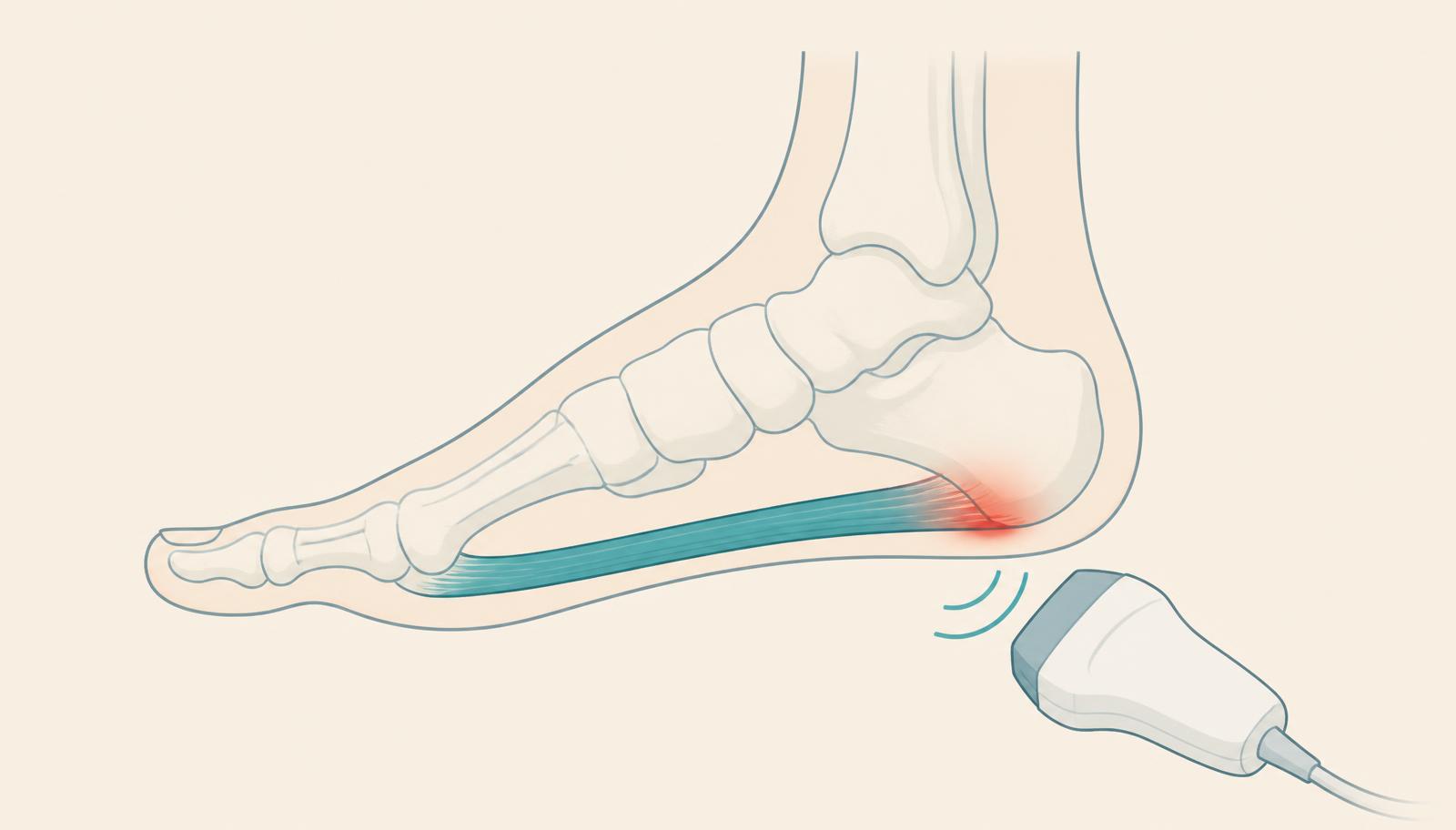 Illustration of the foot with inflamed plantar fascia at its insertion on the calcaneus and ultrasound probe