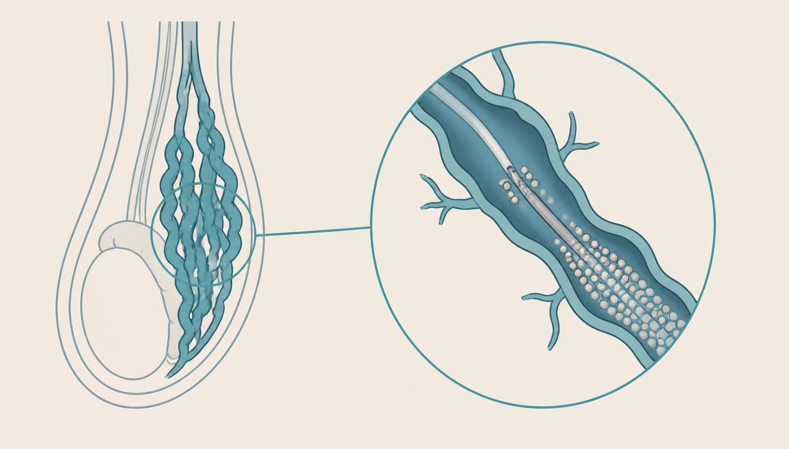 Illustration of the dilated spermatic veins of varicocele with catheter and embolization