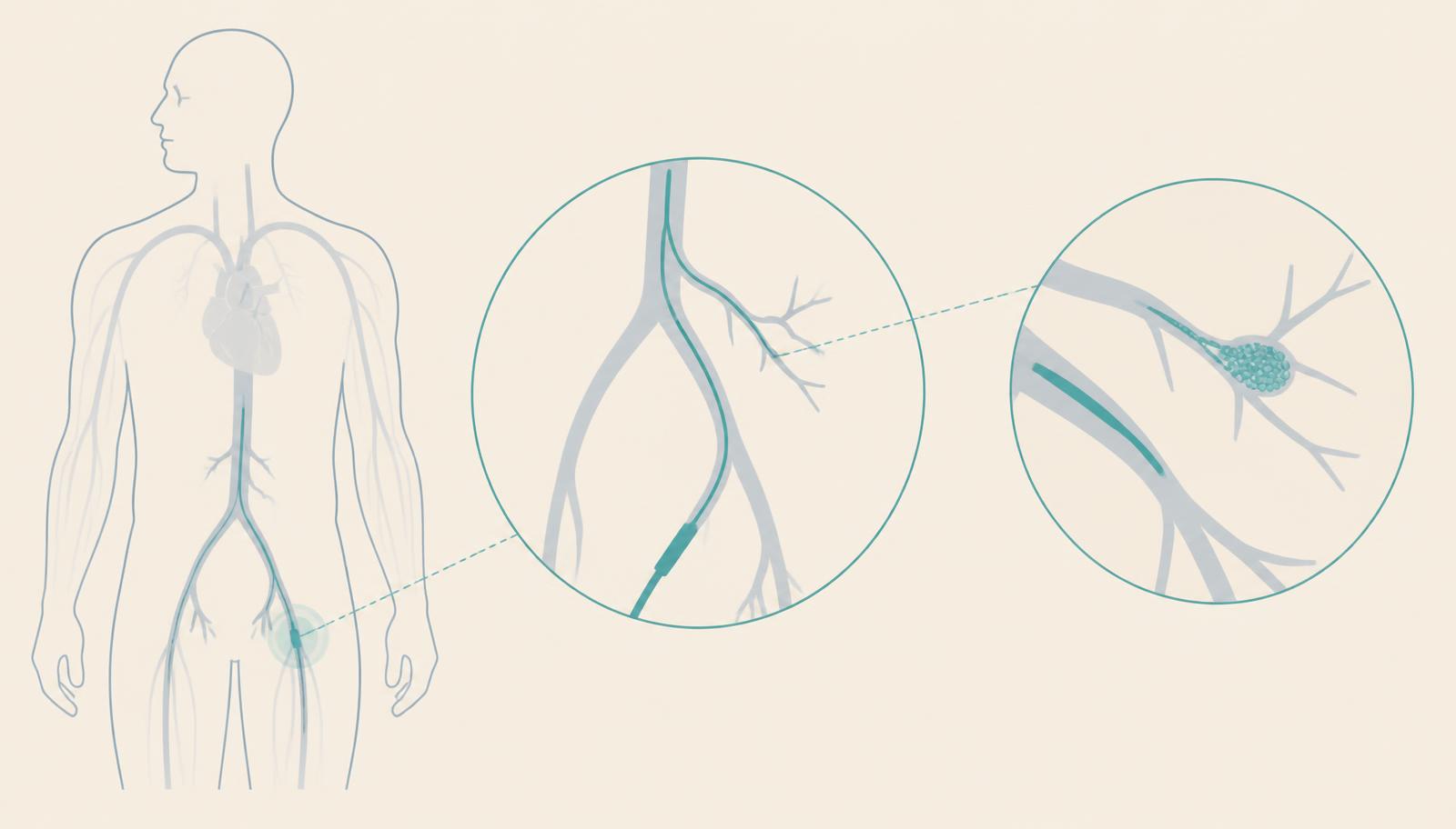 Schema dell'embolizzazione: accesso femorale, catetere nell'albero arterioso e vaso target occluso