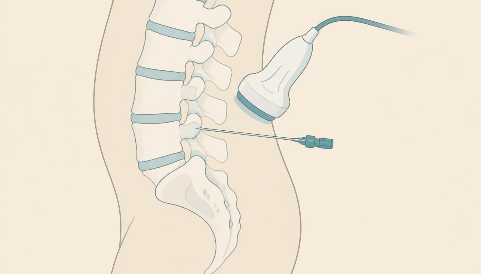 Illustration of the lumbar spine with ultrasound probe and needle for ultrasound-guided injection