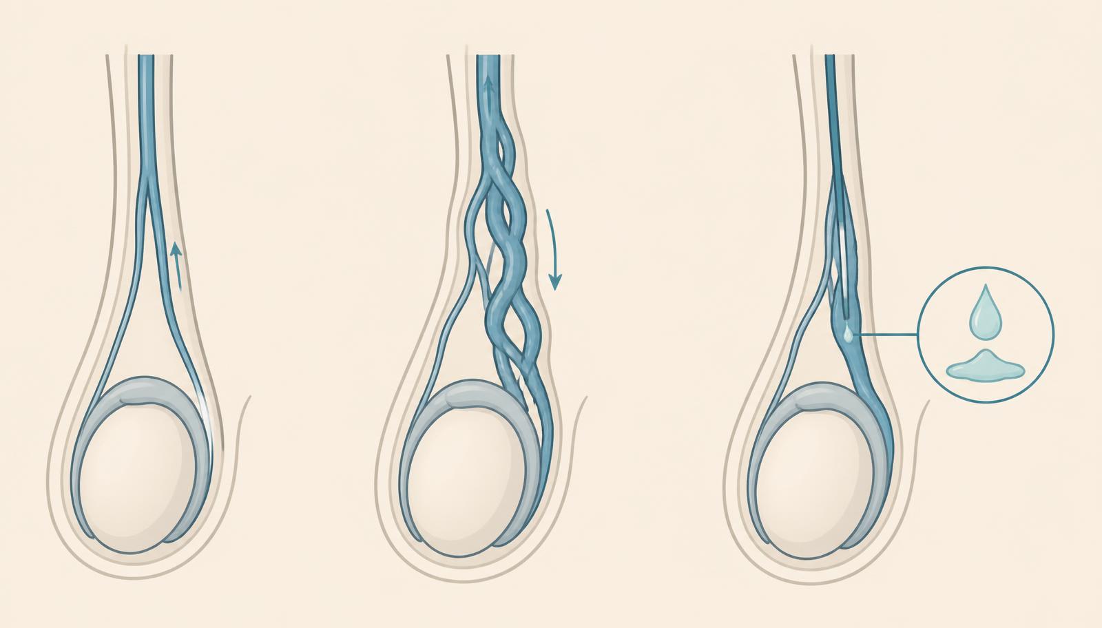 Schema del varicocele: vena normale, vena dilatata con reflusso e chiusura con cianoacrilato