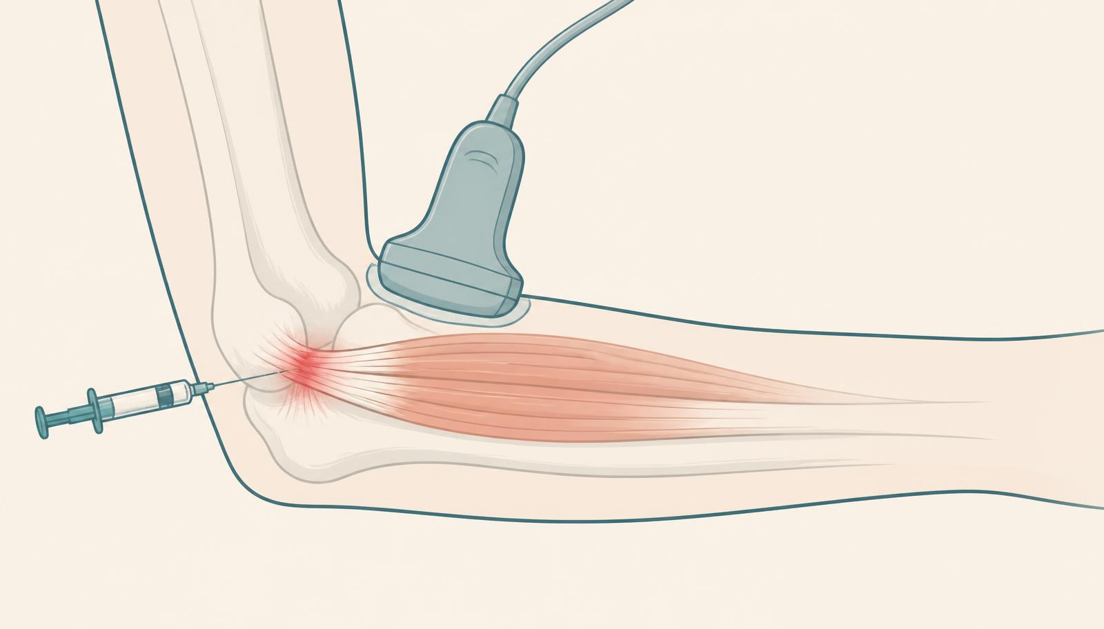 Illustration of the elbow with inflamed epicondylar tendon, ultrasound probe and needle